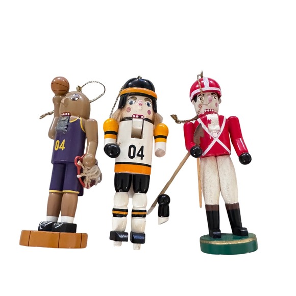 3 Sports Nutcrackers Basketball Hockey Toy Soldier Wooden Ornaments preloved - Picture 1 of 7